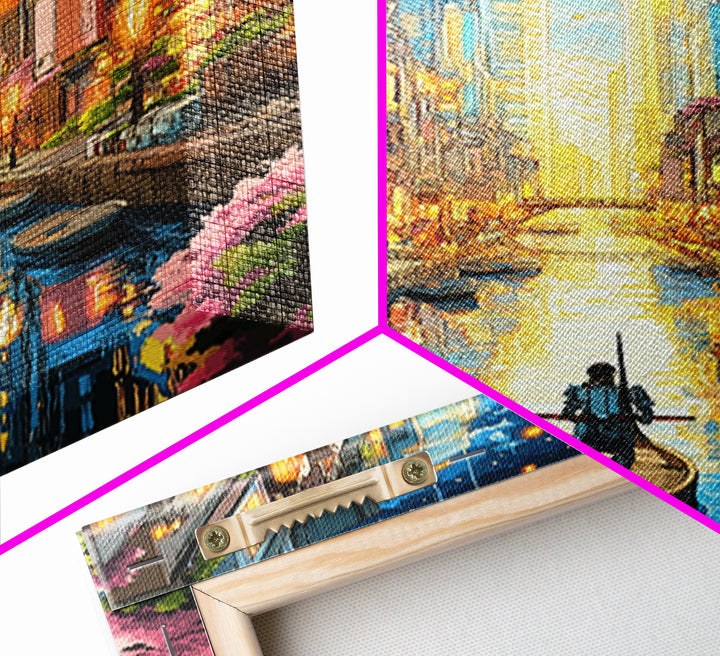 Lone Boat On Glowing Urban Canal Wall Art, Futuristic Cityscape Canvas Print, Sakura Skyline Living Room Decor, Modern Home Decor