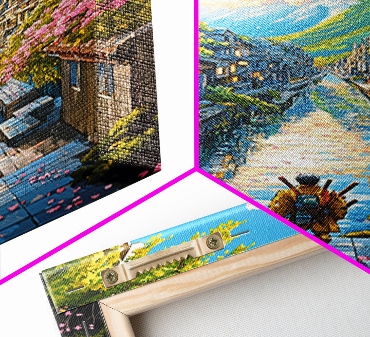Samurai On Stone Steps Above Canal Framed Canvas Print, Japanese Mountain City Wall Art, Sakura Landscape Home Decor Gift