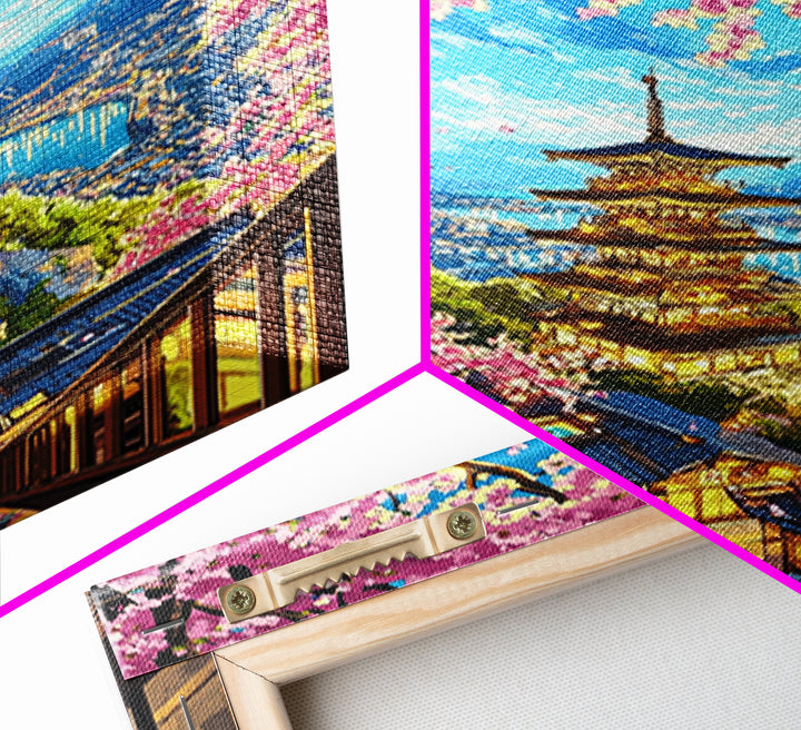 Golden Pagoda Above Blue Harbor Wall Art, Cherry Blossom Japanese Landscape Canvas Print, Kyoto Travel Home Decor Gift For Her