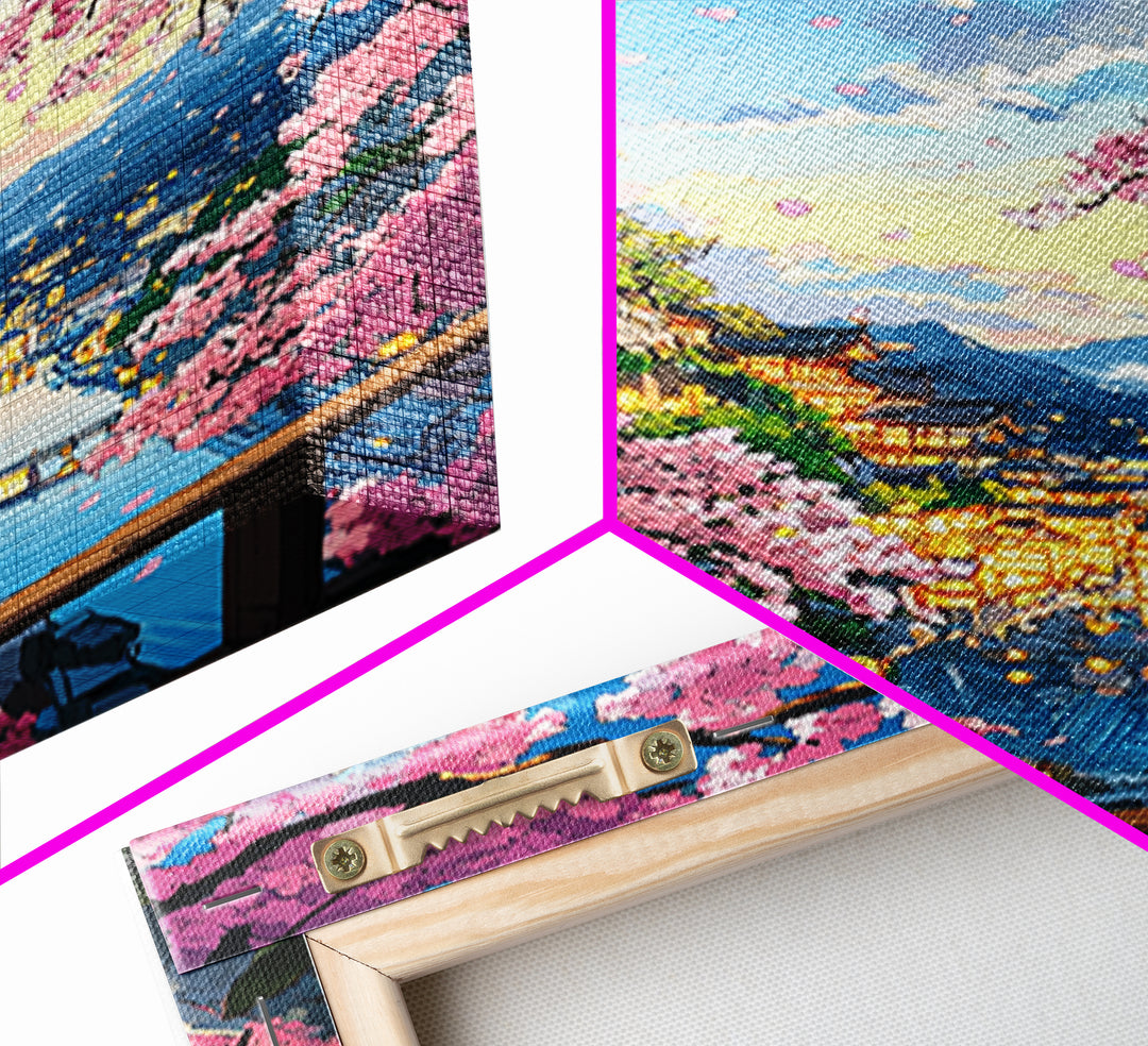 Flying Dragon Above Sakura Pagoda Framed Canvas Print, Japanese Fantasy Landscape Wall Art, Pink Cherry Blossom Decor Print