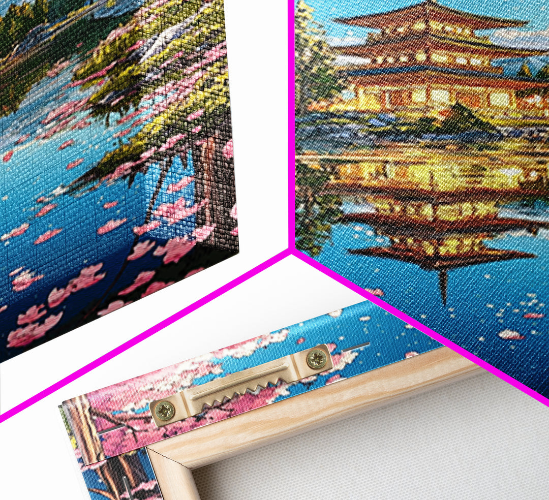 Cherry Blossom Pagoda Lake Reflection Wall Art, Japanese Landscape Canvas, Sakura Temple Decor, Serene Asian Home Decor Print