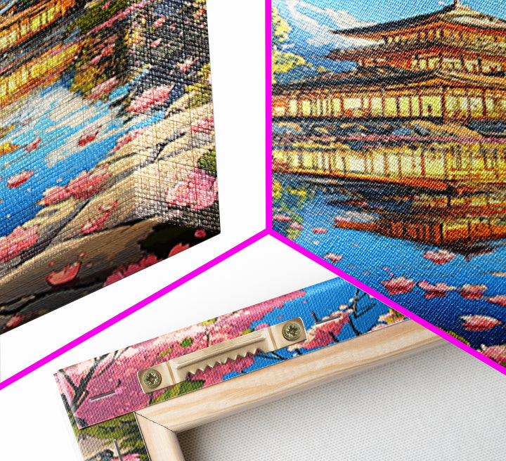 Golden Sakura Temple Reflection Canvas Print, Japanese Garden Wall Decor, Cherry Blossom Lake Art For Serene Home Decor Gift