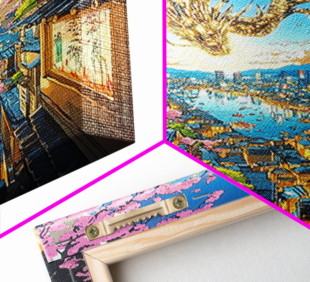 Golden Dragon Over Sakura Harbor Wall Art, Fantasy Japanese Cityscape Print, Cherry Blossom Decor For Asian Home Decor Gift