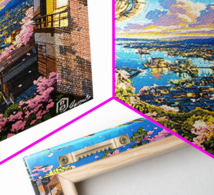 Serpentine Dragon Above Coastal Village Canvas Print, Japanese Fantasy Wall Decor, Sakura Sunset Art For Bold Home Decor