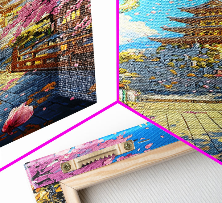 Golden Dragon Over Sakura Pagoda Framed Canvas Print, Japanese Fantasy Wall Art, Cherry Blossom Temple Decor For Living Room