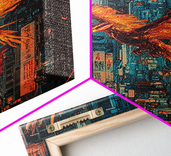 Fiery Phoenix Flying Through Neon Alley Wall Art, Cyberpunk City Canvas, Orange Bird Poster For Modern Office Decor Gift