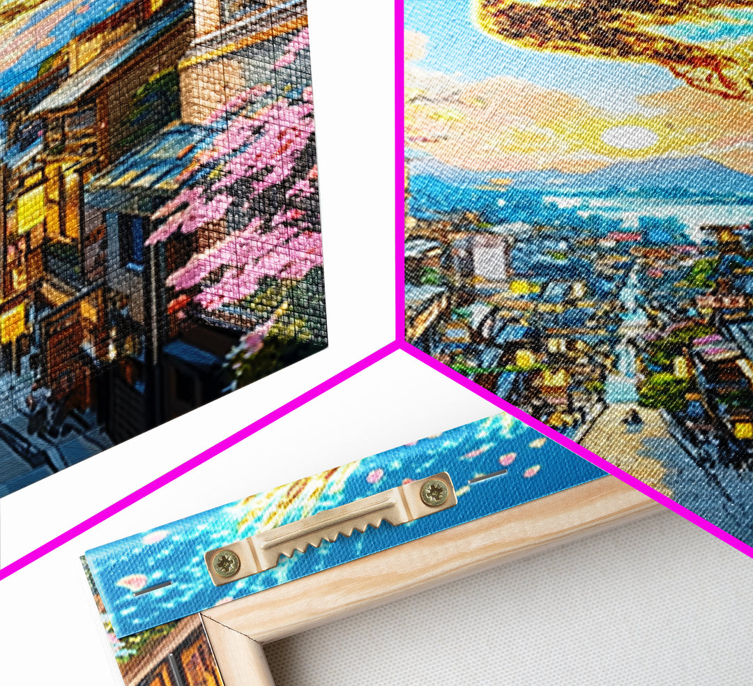 Golden Phoenix Over Sakura Hillside Town Framed Canvas Print, Japanese Fantasy Wall Art, Cherry Blossom Sunrise Decor For Home