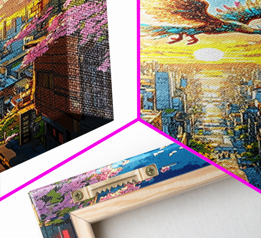 Golden Phoenix Over Sakura City Wall Art, Japanese Fantasy Art Print, Colorful Wall Art, Living Room Wall Decor, Housewarming Gift