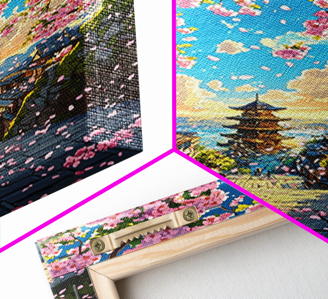 Cherry Blossom Steps To Ocean Pagoda Wall Art, Japanese Landscape Print, Coastal Home Decor, Tranquil Living Room Art, Gift For Her
