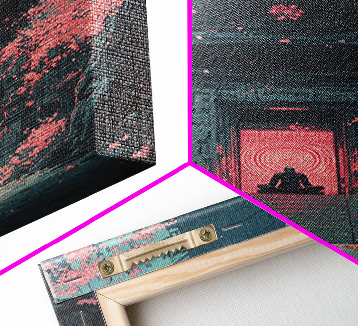 Neon Portal Temple With Pink Sakura Canvas Print, Cyberpunk Wall Art, Japanese Sci Fi Decor, Moody Office Wall Decor For Him
