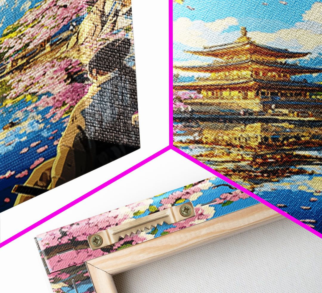Golden Pagoda Reflected In Sakura Lake Framed Canvas Print, Japanese Wall Art, Mountain Landscape, Serene Zen Decor, Living Room Art