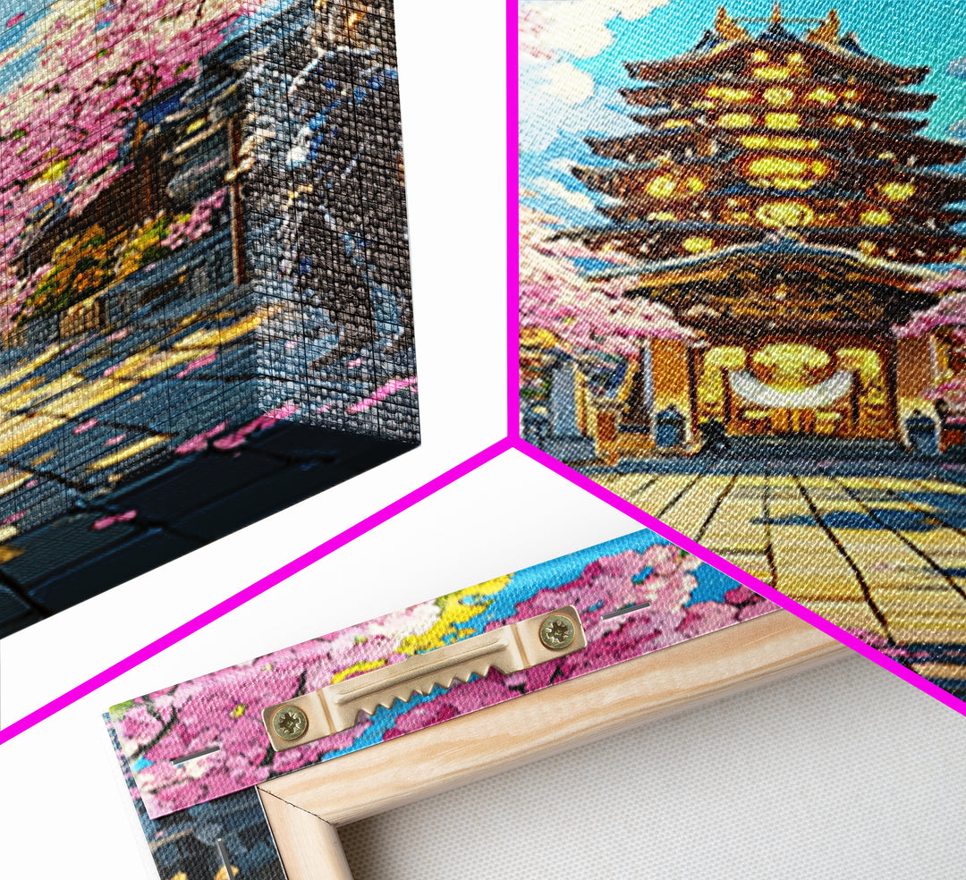 Illuminated Pagoda Under Pink Sakura Wall Art, Japanese Temple Print, Vibrant Spring Decor, Living Room Wall Decor, Gift For Her