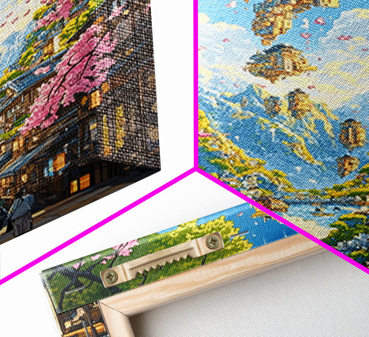 Floating Sky Tower Over Sakura Village Wall Art, Japanese Fantasy Landscape, Surreal Art Print, Statement Living Room Decor