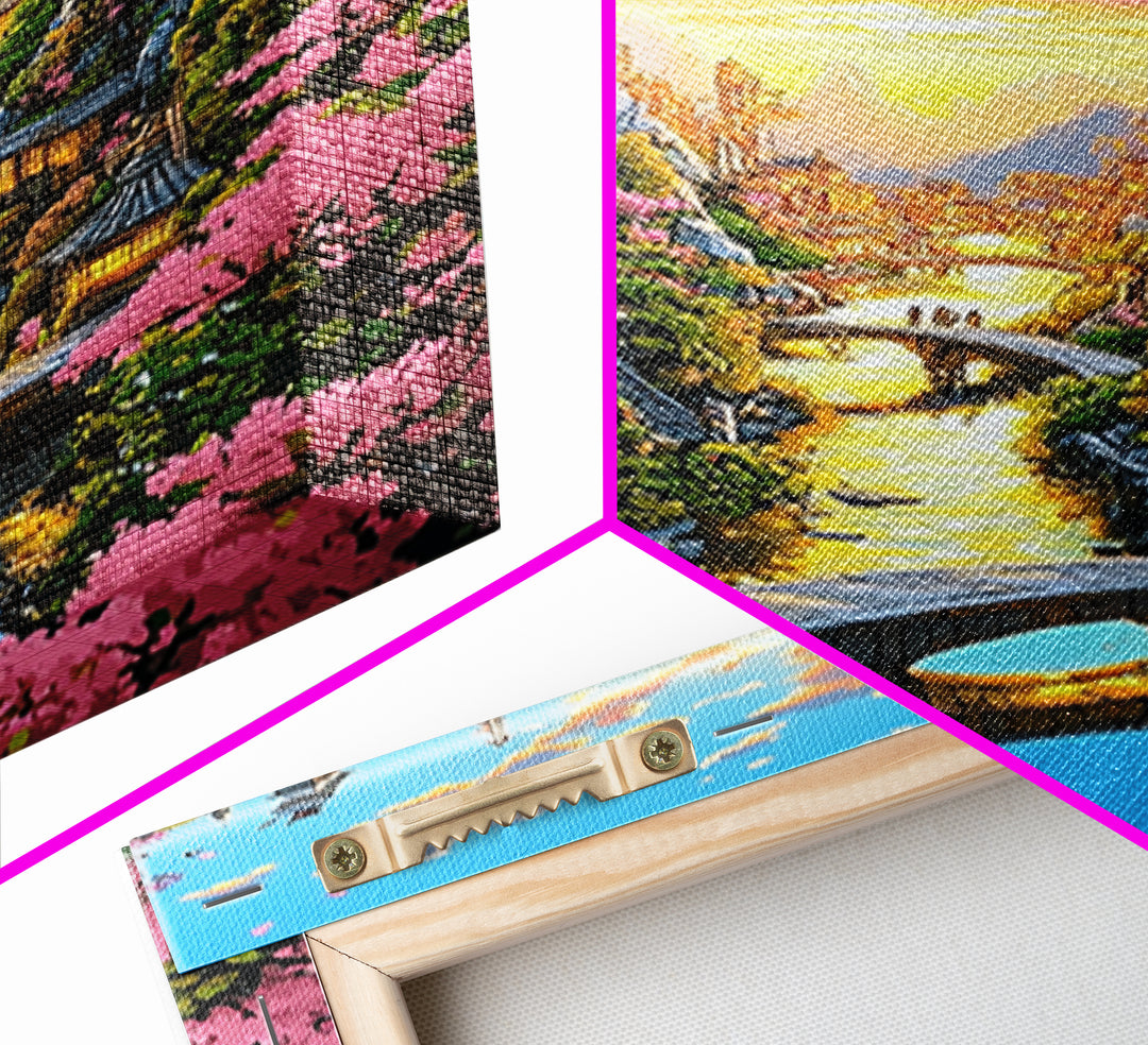 Sunset Canal Village With Sakura Framed Canvas Print, Japanese Landscape Wall Art, Romantic Coastal Home Decor, Gift For Her