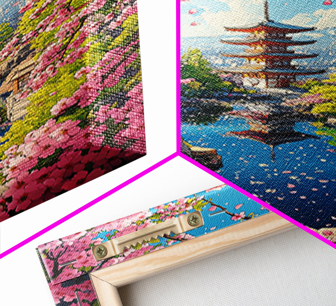 Spring Pagoda With Pink Cherry Blossoms Canvas Print, Japanese Landscape Wall Art, Bright Zen Living Room Decor Gift For Her
