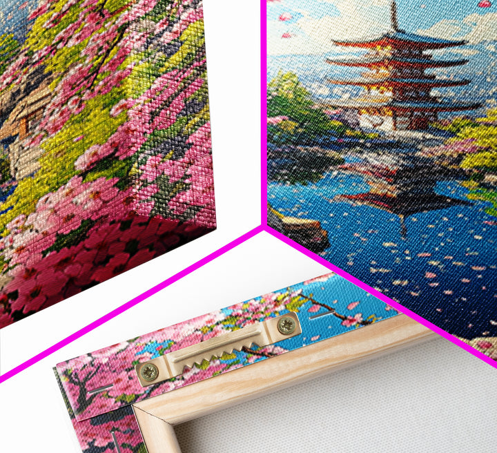 Spring Pagoda With Pink Cherry Blossoms Canvas Print, Japanese Landscape Wall Art, Bright Zen Living Room Decor Gift For Her