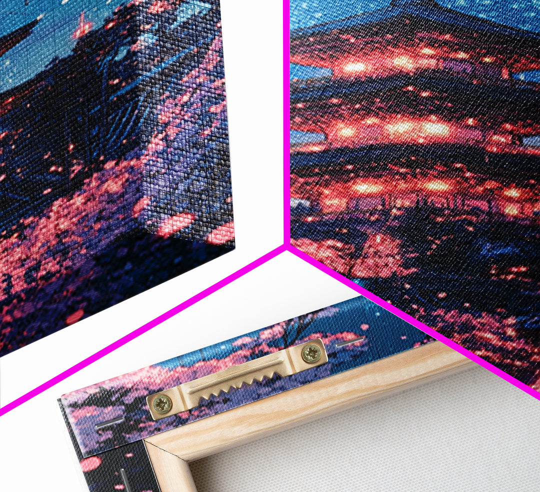Neon Night Pagoda In Cherry Blossom Rain Framed Canvas Print, Japanese Wall Art, Cyberpunk Cherry Blossom Decor For Modern Living Room