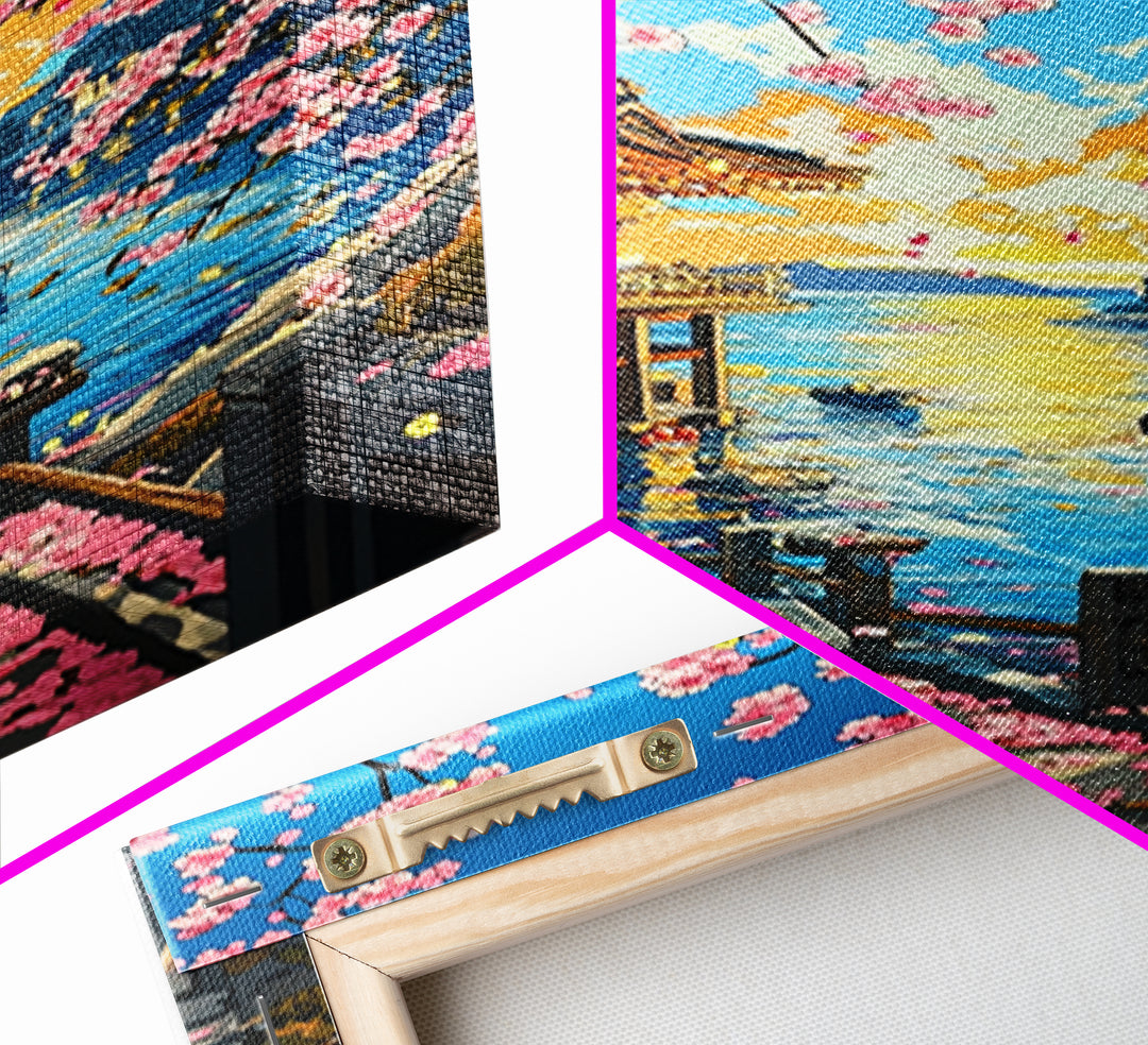 Sunset Seaside Temple With Cherry Blossoms Framed Canvas Print, Japanese Coastal Wall Art, Bright Zen Home Decor Gift For Her