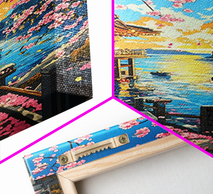 Sunset Seaside Temple With Cherry Blossoms Framed Canvas Print, Japanese Coastal Wall Art, Bright Zen Home Decor Gift For Her