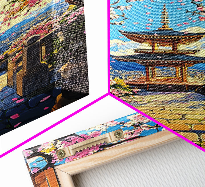 Hilltop Pagoda Under Pink Cherry Blossoms Canvas Print, Japanese Cityscape Wall Art, Bright Spring Decor For Living Room
