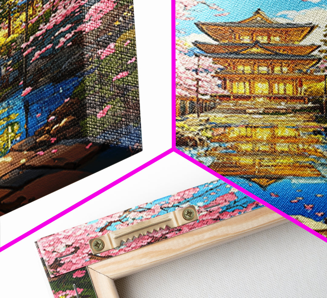 Golden Temple Reflected In Cherry Blossom Canal Wall Art, Japanese Garden Canvas Print, Colorful Spring Living Room Decor