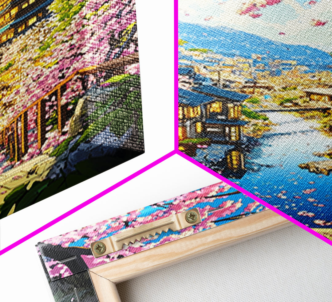 Cherry Blossom Hillside Town With Pagoda Framed Canvas Print, Japanese Cityscape Wall Art, Coastal Spring Home Decor Gift For Her