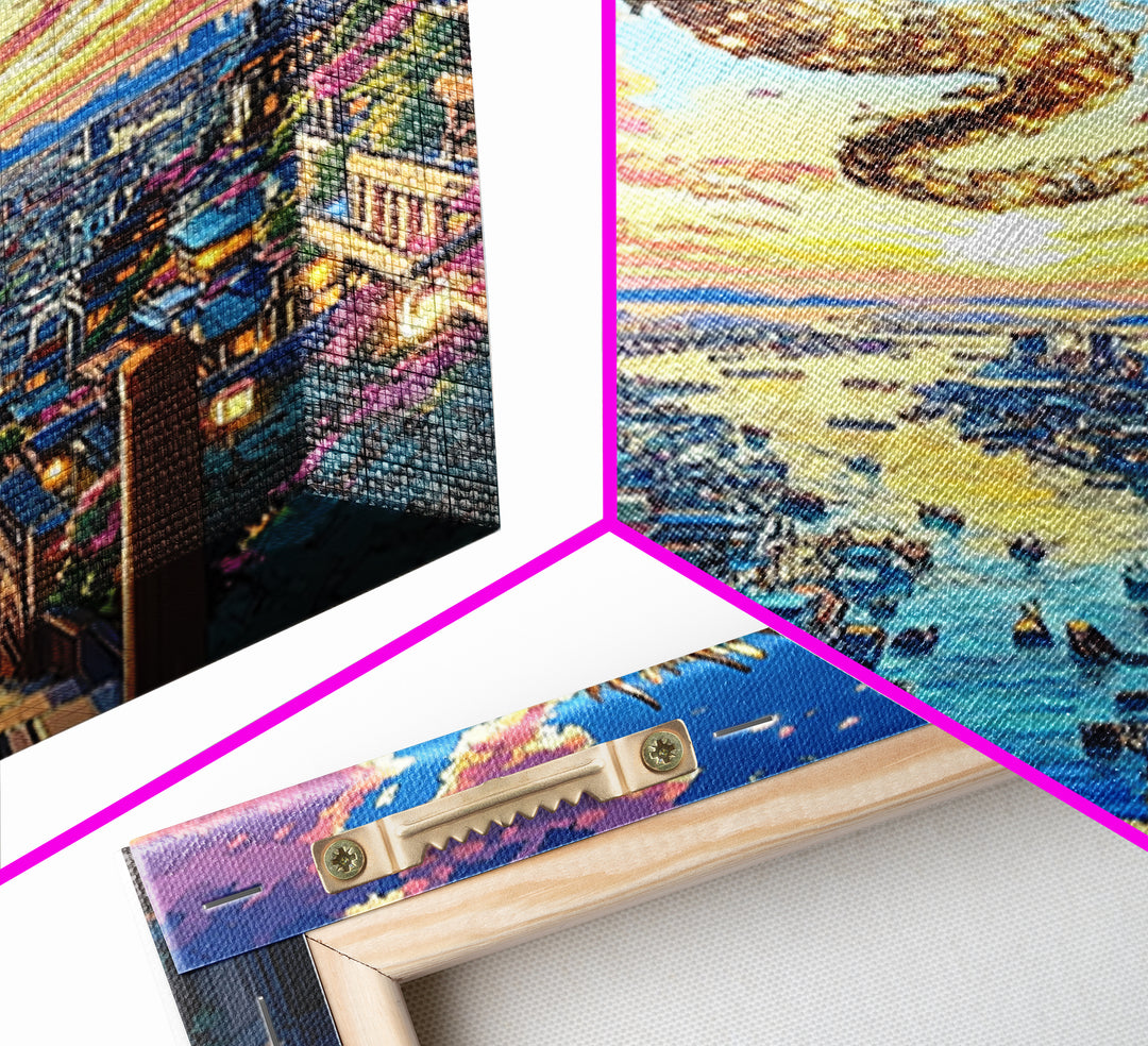 Golden Dragon City Sunset Canvas Print, Japanese Fantasy Wall Art, Vibrant Urban Landscape, Gamer Room Decor, Unique Gift