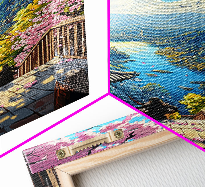 Airship Over Sakura Lake Wall Art, Fantasy Landscape Print, Japanese Mountain Decor, Whimsical Home Decor Gift For Her