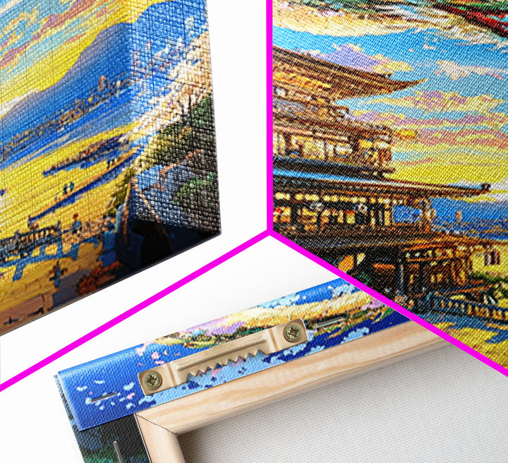Crescent Dragon Seaside Temple Framed Canvas Print, Japanese Wall Art, Fantasy Coastal Decor, Statement Home Decor Gift
