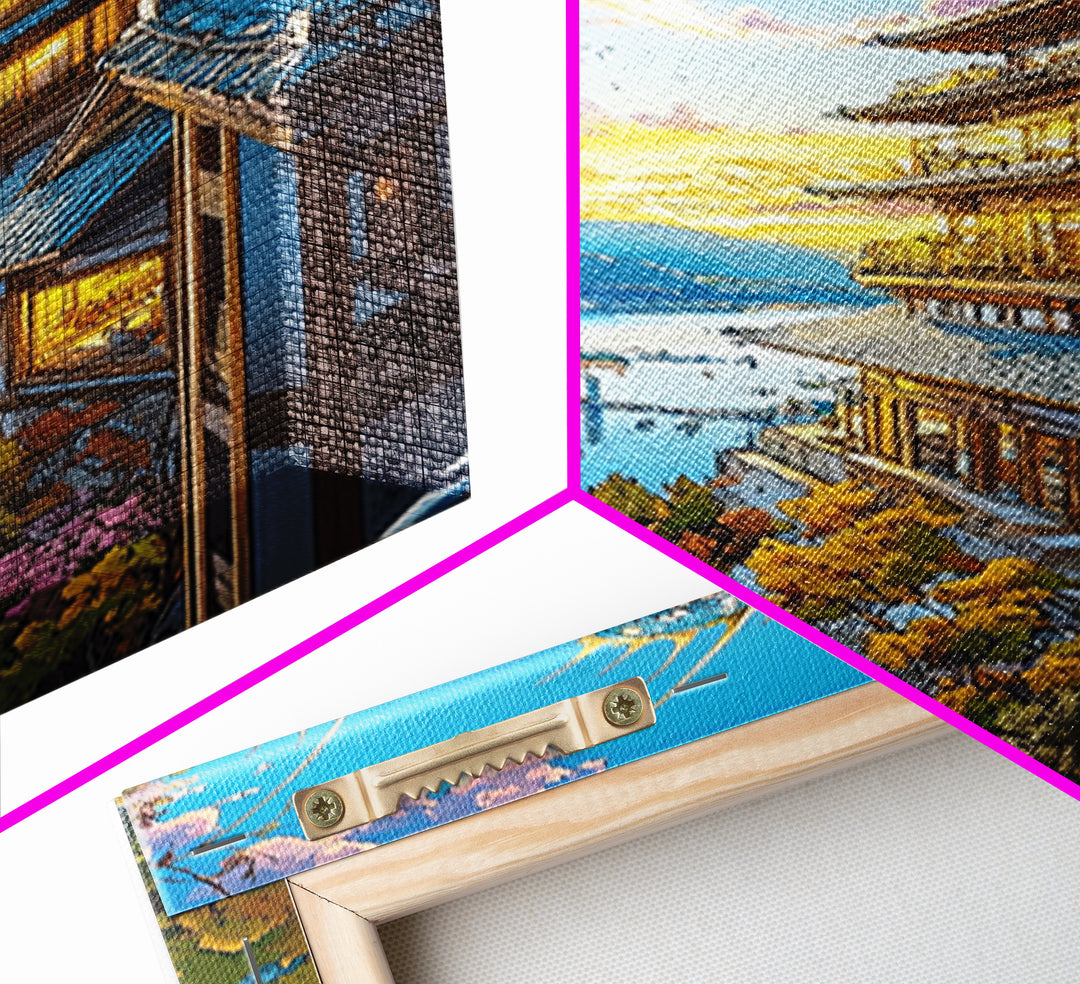 Golden Moon Dragon Temple Framed Canvas Print, Japanese Fantasy Wall Art, Sakura Landscape Decor, Living Room Art Home Decor