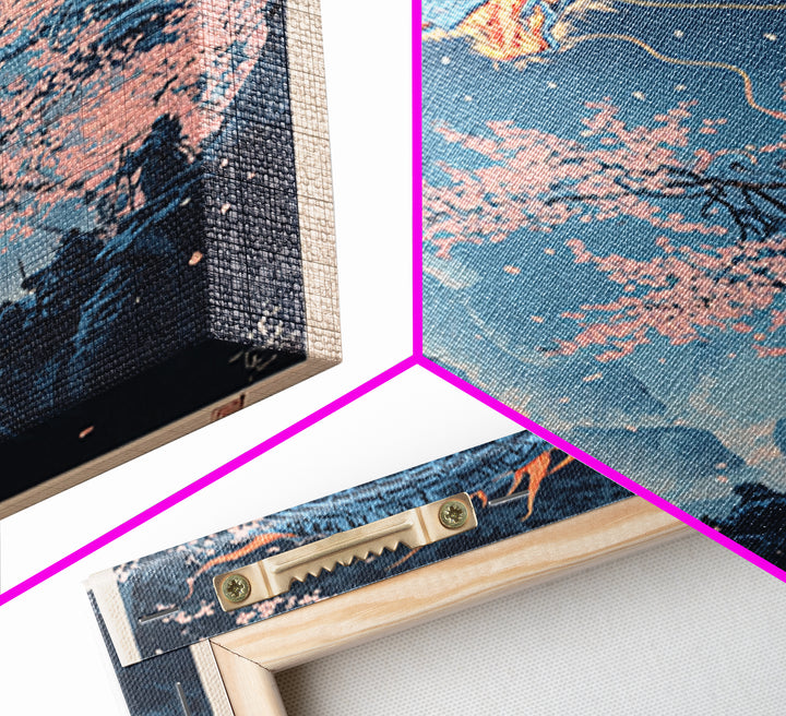 Blue Mountain Dragon Wall Art, Japanese Cherry Blossom Canvas Print, Ukiyo E Fantasy Decor, Asian Inspired Living Room Art Print