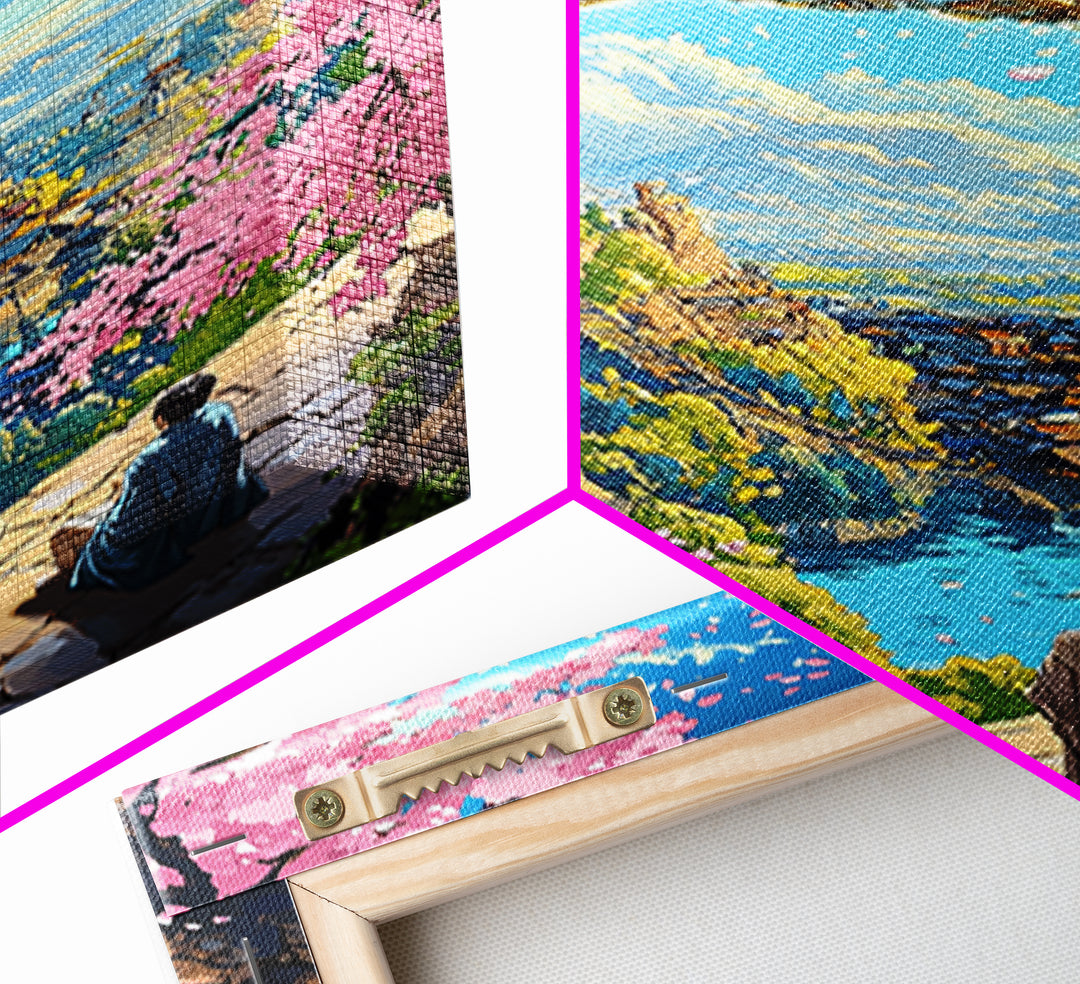 Flying Golden Airship Wall Art, Anime Sakura City Canvas Print, Japanese Fantasy Landscape Decor, Living Room Art Gift For Him