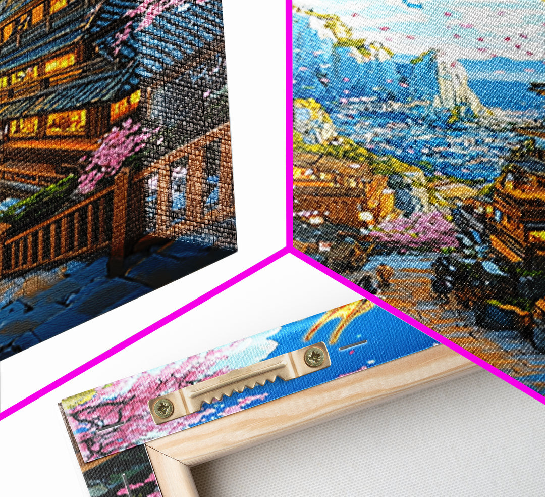 Golden Dragon Mountain Village Wall Art, Japanese Sakura Canvas Print, Anime Fantasy Landscape Decor, Colorful Living Room Art