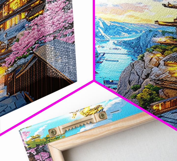 Cliffside Dragon Temple Framed Canvas Print, Sakura Mountain Landscape Wall Art, Japanese Fantasy Decor, Large Living Room Art