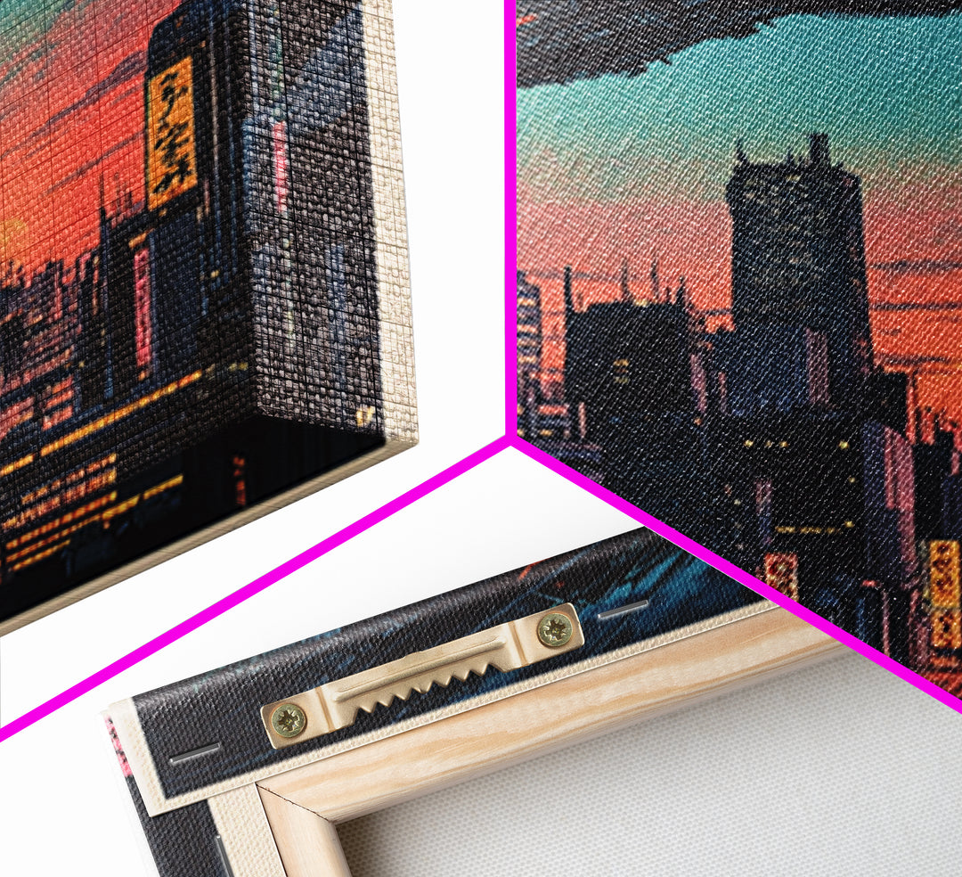 Cyberpunk Dragon City Wall Art, Neon Futuristic Skyline Canvas Print, Japanese Sci Fi Decor, Gaming Room Wall Art Gift For Him