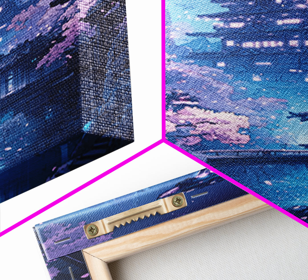 Futuristic Sakura Pagoda Wall Art, Purple Cherry Blossom Canvas Print, Sci Fi Japanese Landscape Decor, Bedroom Wall Art Gift For Her
