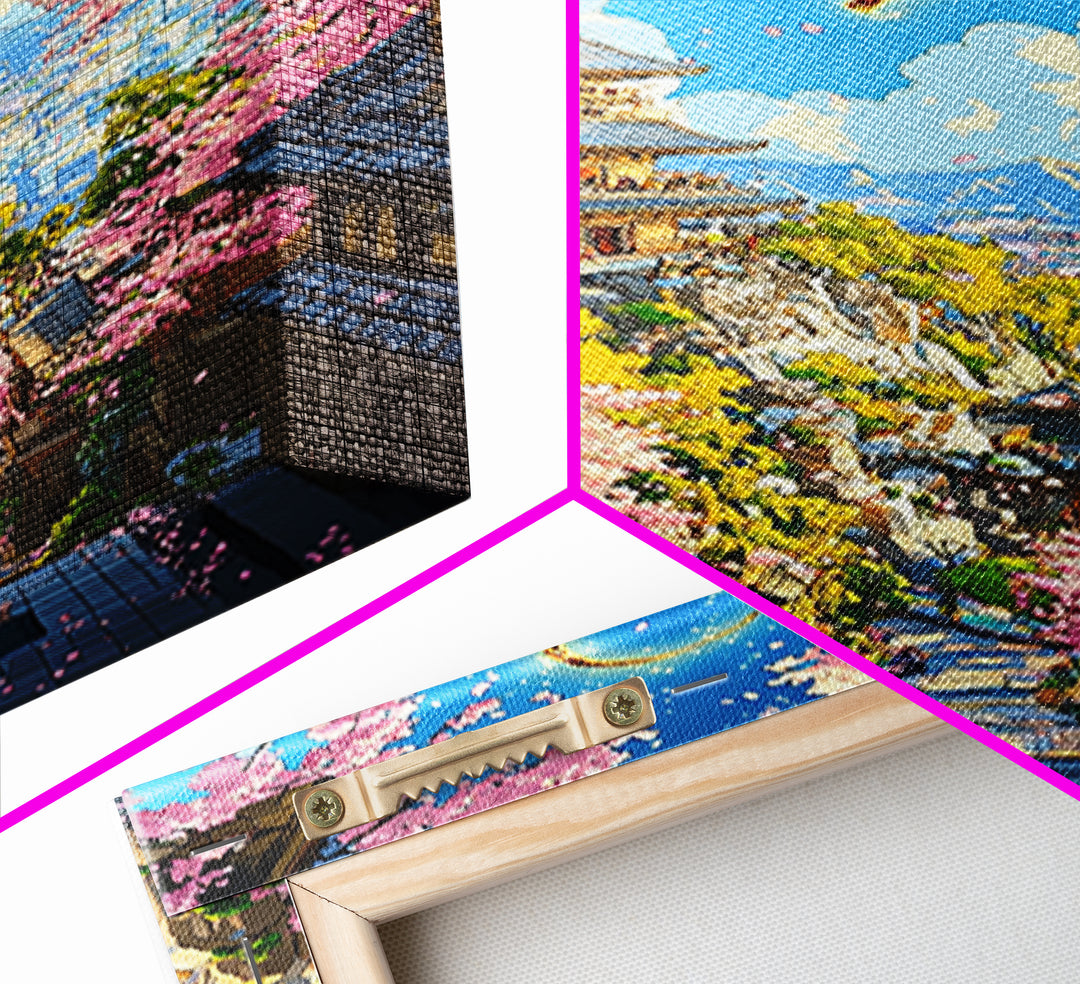 Golden Dragon Over Kyoto Pagoda Wall Art, Japanese Cherry Blossom Fantasy, Anime Landscape, Asian Home Decor, Living Room Art