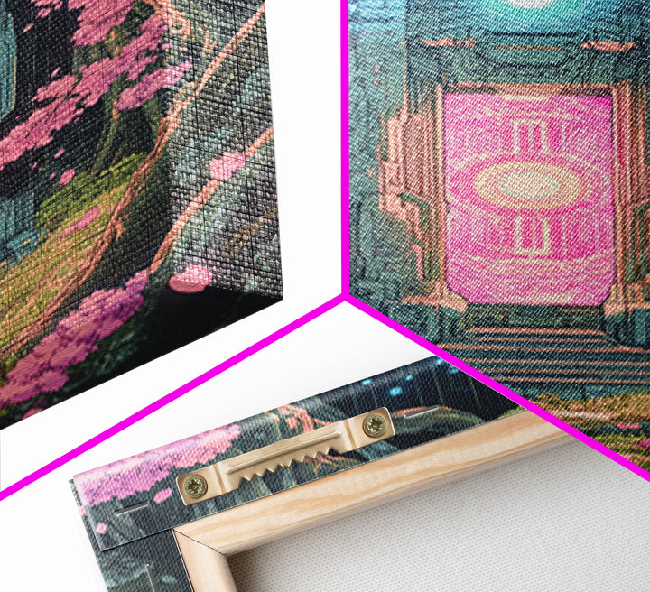 Neon Portal In Cherry Forest Framed Canvas Print, Cyberpunk Fantasy Wall Decor, Sci Fi Art, Modern Japanese Wall Art, Gaming Room Decor