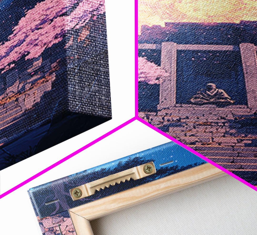 Glowing Moon Shrine With Meditating Monk Canvas Print, Japanese Wall Art, Cherry Blossom Decor, Zen Fantasy Living Room Art