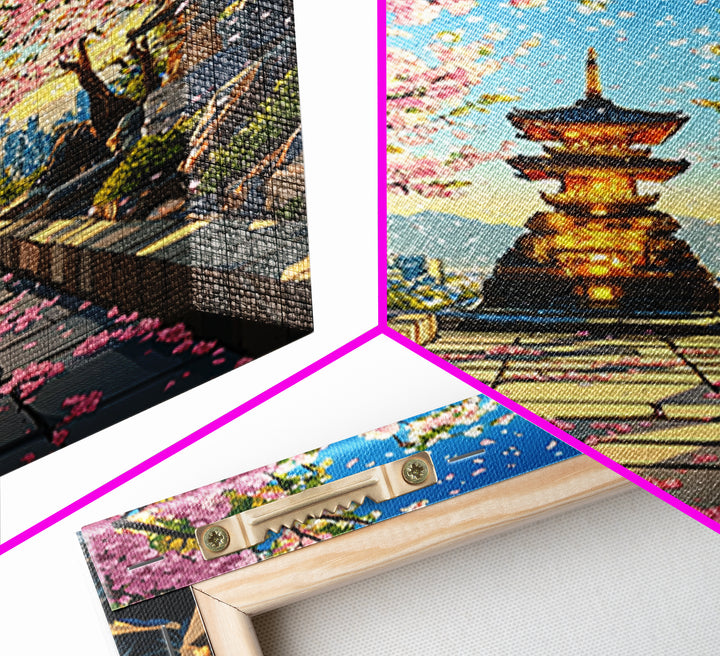 Cherry Blossom Pagoda Path Wall Art, Japanese Temple Landscape, Anime City Skyline, Spring Decor, Large Framed Canvas Print
