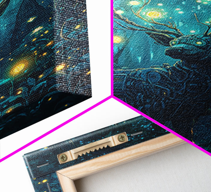 Mechanical Deer In Enchanted Forest Wall Art, Glowing Firefly Fantasy, Cyberpunk Animal Art, Whimsical Nature Canvas Print
