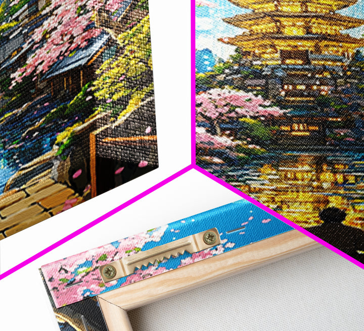 Golden Pagoda Reflecting On Canal Framed Canvas Print, Japanese Cherry Blossom Wall Art, Zen Landscape, Asian Home Decor