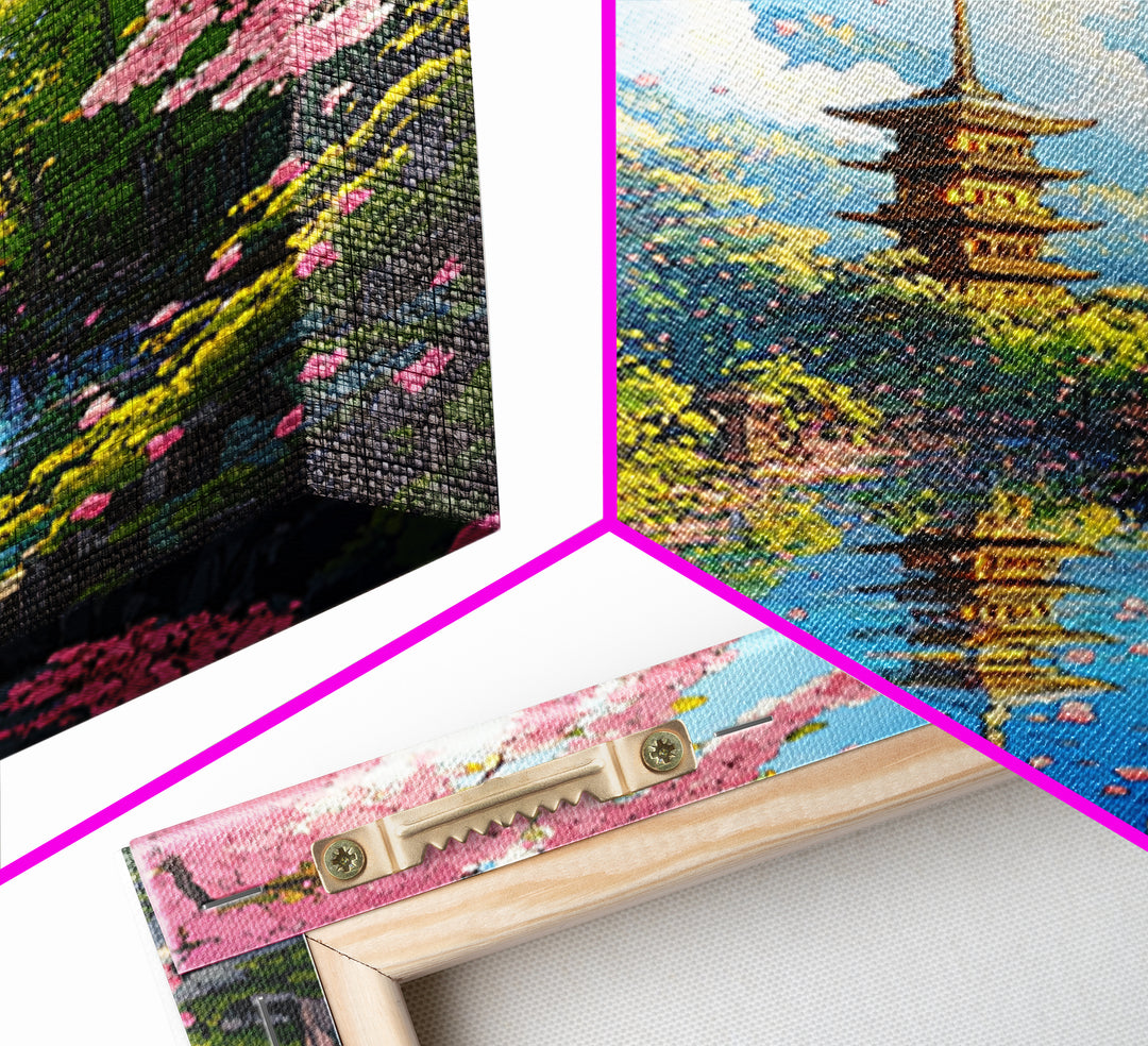 Cherry Blossom River Pagoda Canvas Print, Japanese Mountain Landscape Wall Art, Spring Nature Decor, Calming Living Room Art
