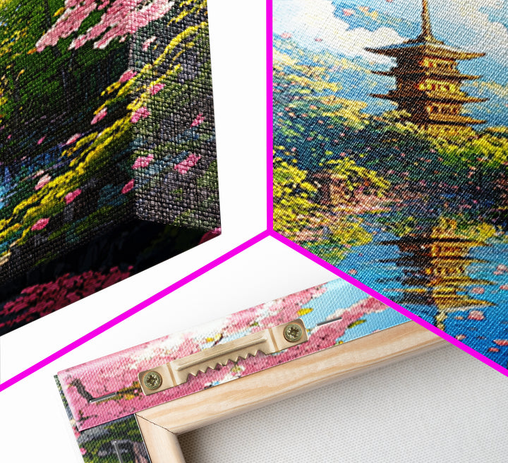 Cherry Blossom River Pagoda Canvas Print, Japanese Mountain Landscape Wall Art, Spring Nature Decor, Calming Living Room Art