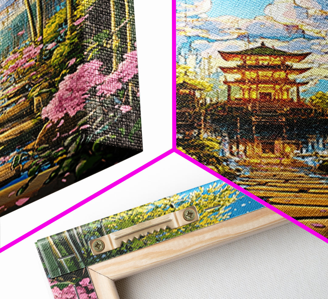 Bamboo Grove Temple Over Water Wall Art, Japanese Zen Landscape, Cherry Blossom Path, Japandi Decor, Framed Canvas Print
