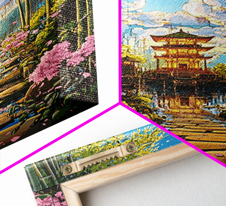 Bamboo Grove Temple Over Water Wall Art, Japanese Zen Landscape, Cherry Blossom Path, Japandi Decor, Framed Canvas Print