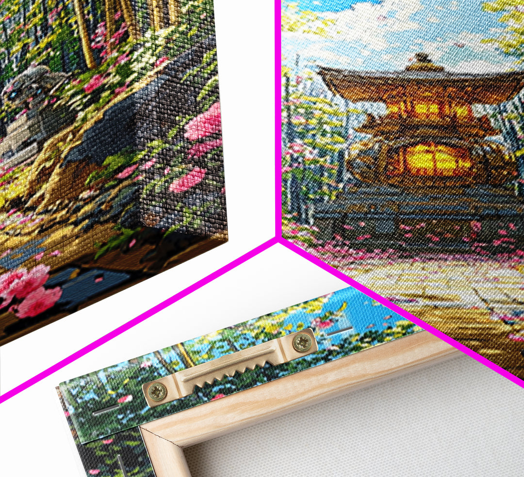 Sunlit Bamboo Garden Shrine Wall Art, Japanese Lantern Path, Pink Flower Decor, Zen Nature Art, Large Framed Canvas Print