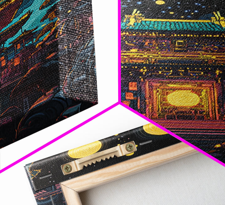Starry Night Japanese Temple Wall Art, Glowing Moon Sci Fi Fantasy, Asian Cyberpunk Decor, Dark Academia Canvas Print, Home Decor