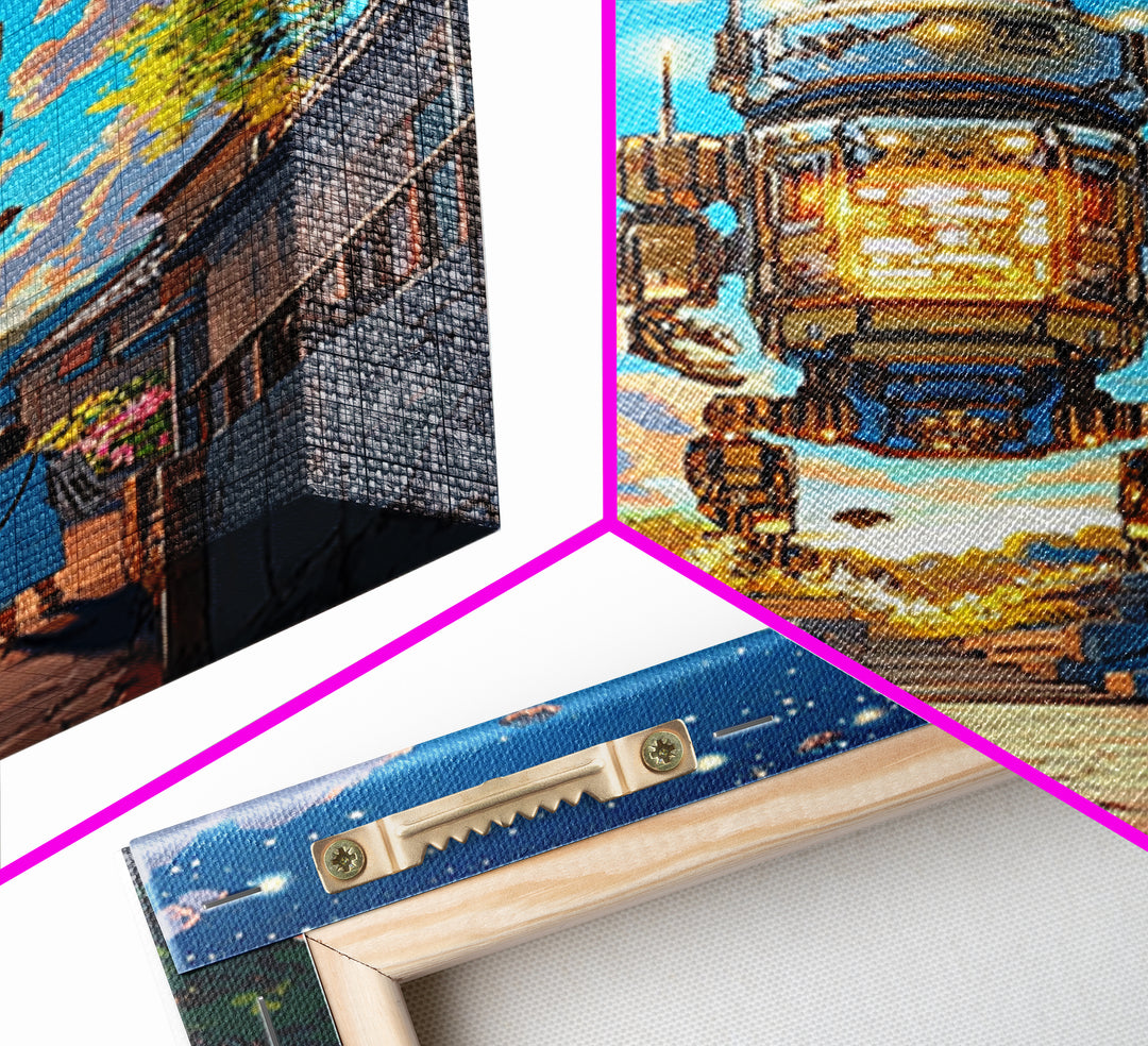 Floating Lantern Robot Wall Art, Futuristic Japanese Street Canvas Print, Cyberpunk Sakura Village Sci Fi Home Decor Gift