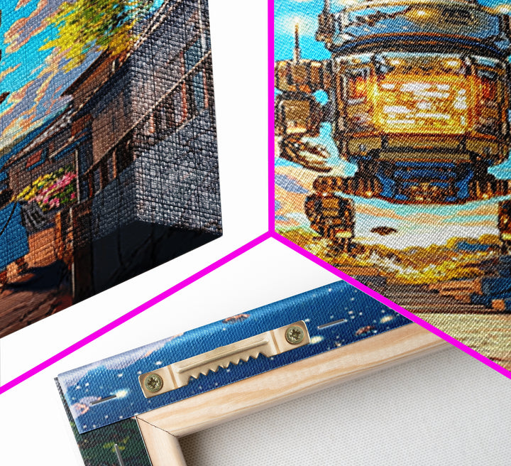 Floating Lantern Robot Wall Art, Futuristic Japanese Street Canvas Print, Cyberpunk Sakura Village Sci Fi Home Decor Gift